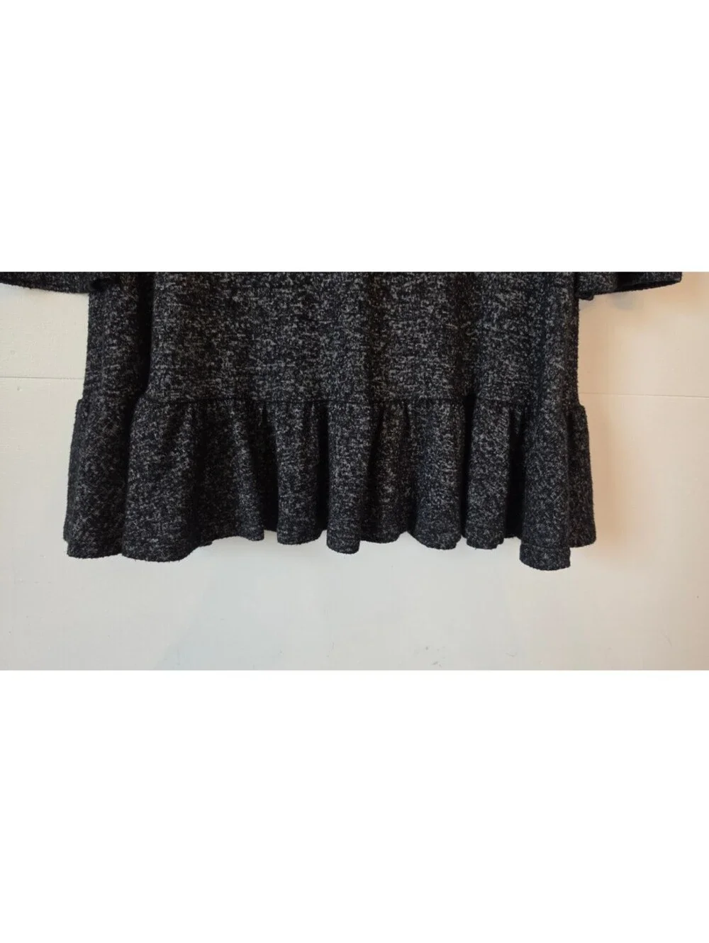 EUC Express Gray Knit Sweater Dress Mock Neck Bell Sleeve Ruffle Hem Sz S, #102